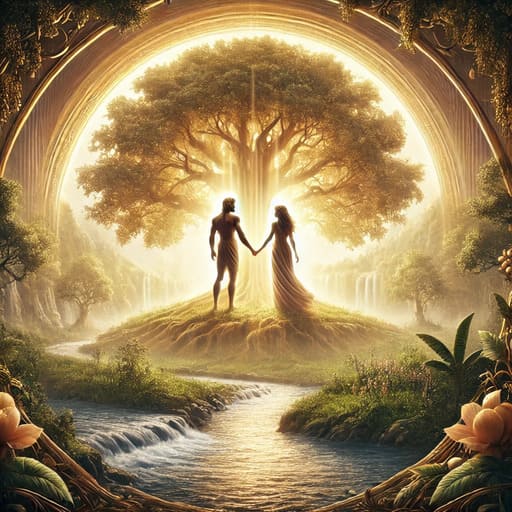 Adam et Ève, créés mâle et femelle à l’image de Dieu, unis dans le jardin d’Éden selon la Genèse